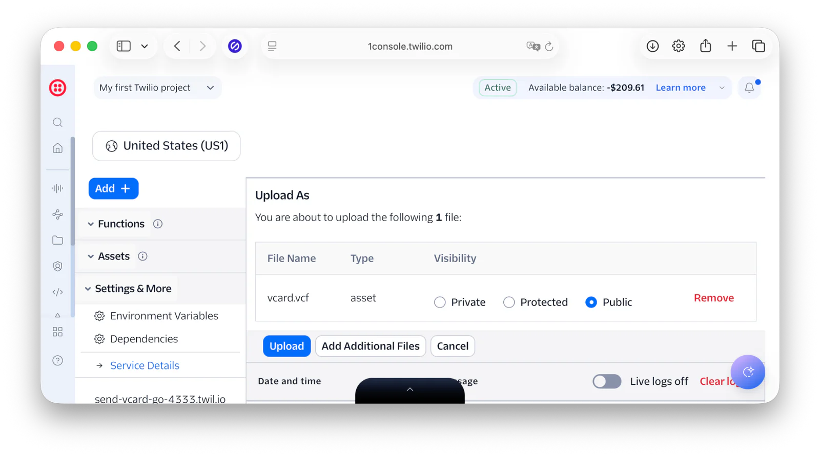 Screenshot of Twilio console showing the upload asset file dialog with various options.