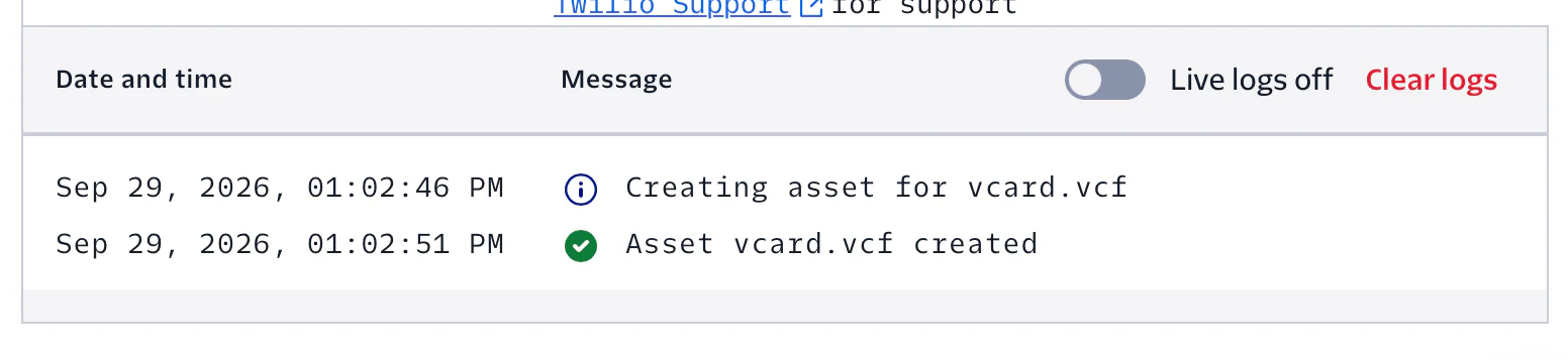 Log showing creation and completion of vcard.vcf asset on Sep 29, 2026 with timestamps.