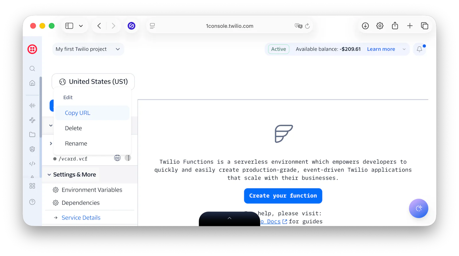 Screenshot of the Twilio console showing the Functions feature and account balance.