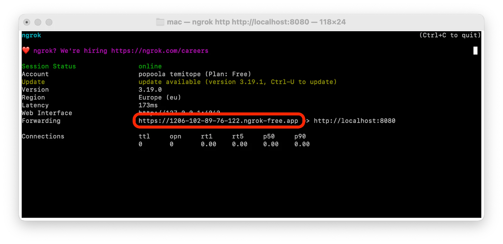 Terminal window showing Ngrok online status, session details, and forwarding URL https