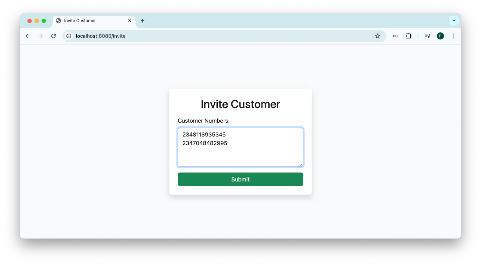 Webpage showing a form titled Invite Customer with input for customer numbers and a submit button.