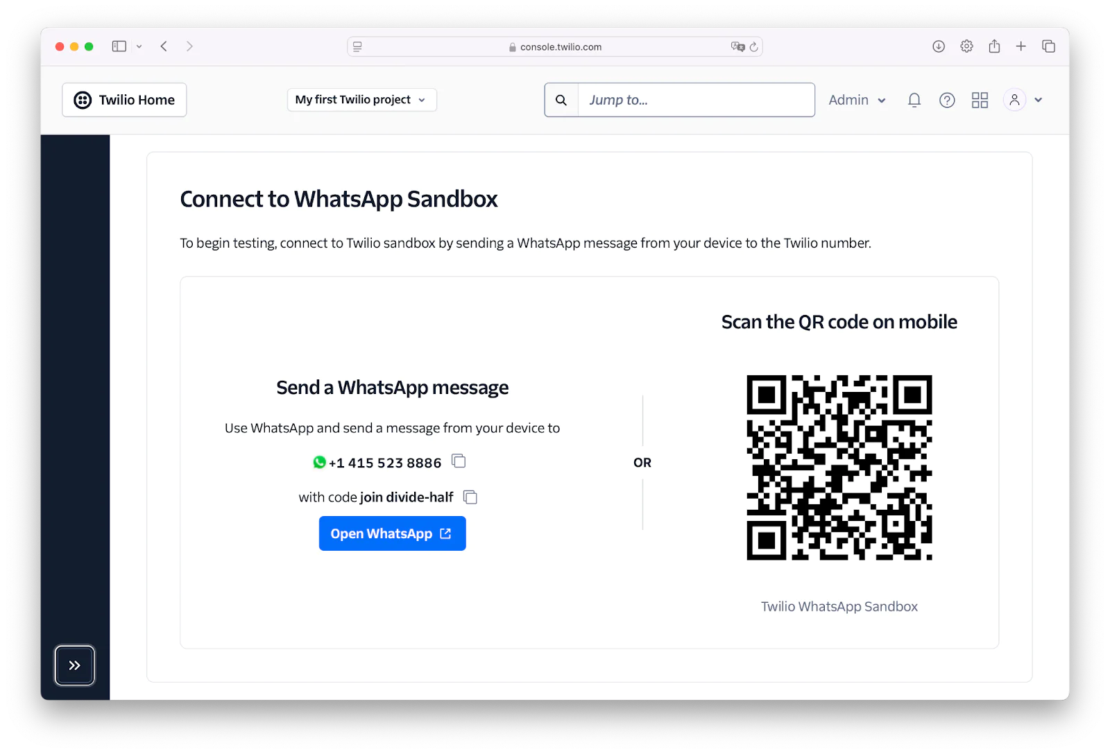 Screenshot of Twilio console showing instructions to connect to WhatsApp Sandbox with a QR code and phone number. Screenshot of Twilio console showing instructions to connect to WhatsApp Sandbox with a QR code and phone number.