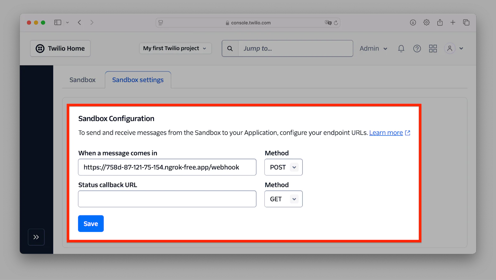 Twilio Sandbox settings screen showing webhook URLs and HTTP methods for incoming messages and status callbacks. Twilio Sandbox settings screen showing webhook URLs and HTTP methods for incoming messages and status callbacks.