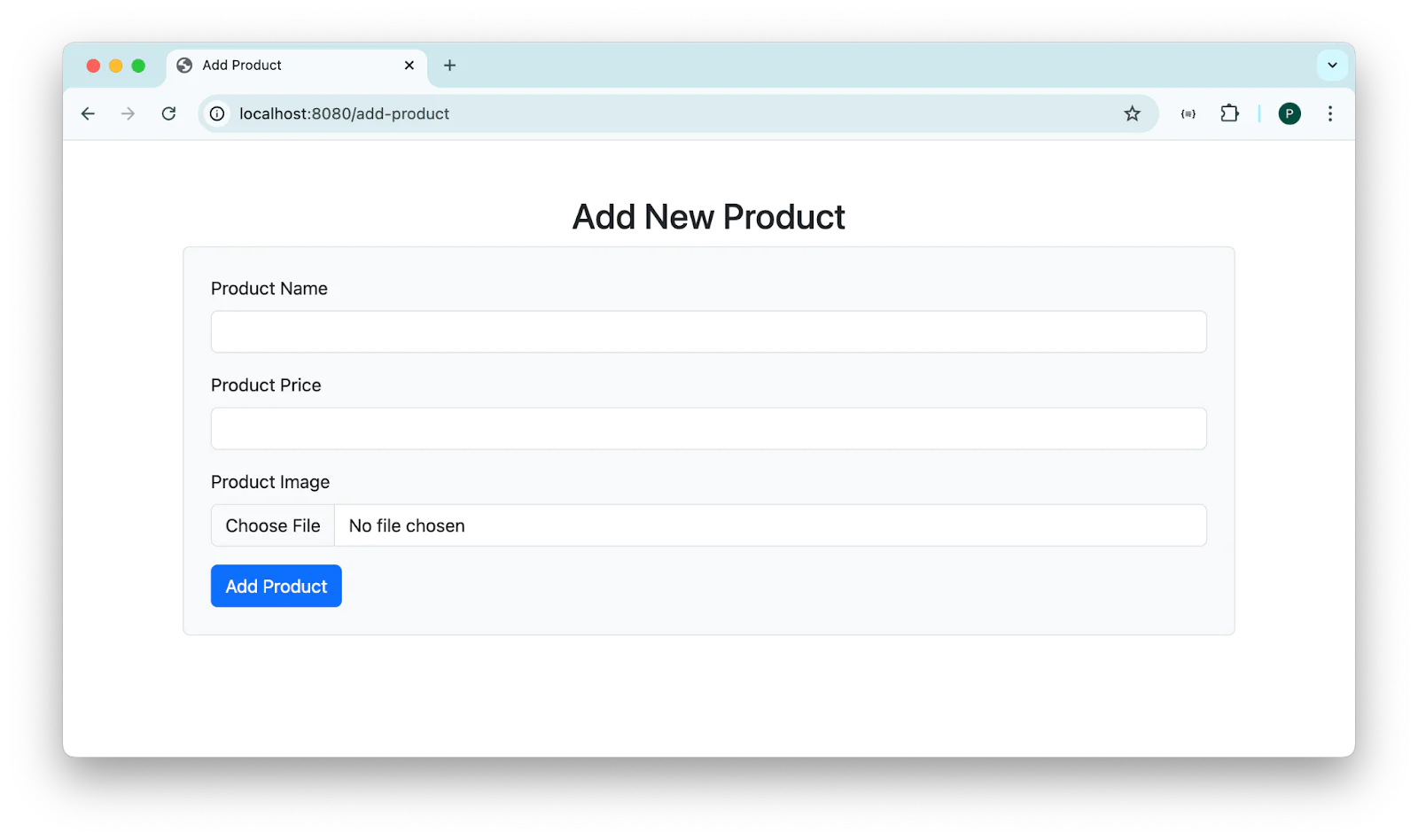 A web form for adding new products with fields for product name, price, and image upload, and a button to add the product. A web form for adding new products with fields for product name, price, and image upload, and a button to add the product.