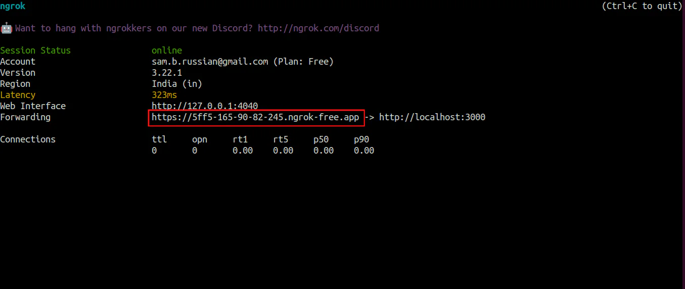 Screenshot of Ngrok session showing online status, forwarding URL, and session details including latency and protocol information. Screenshot of Ngrok session showing online status, forwarding URL, and session details including latency and protocol information.