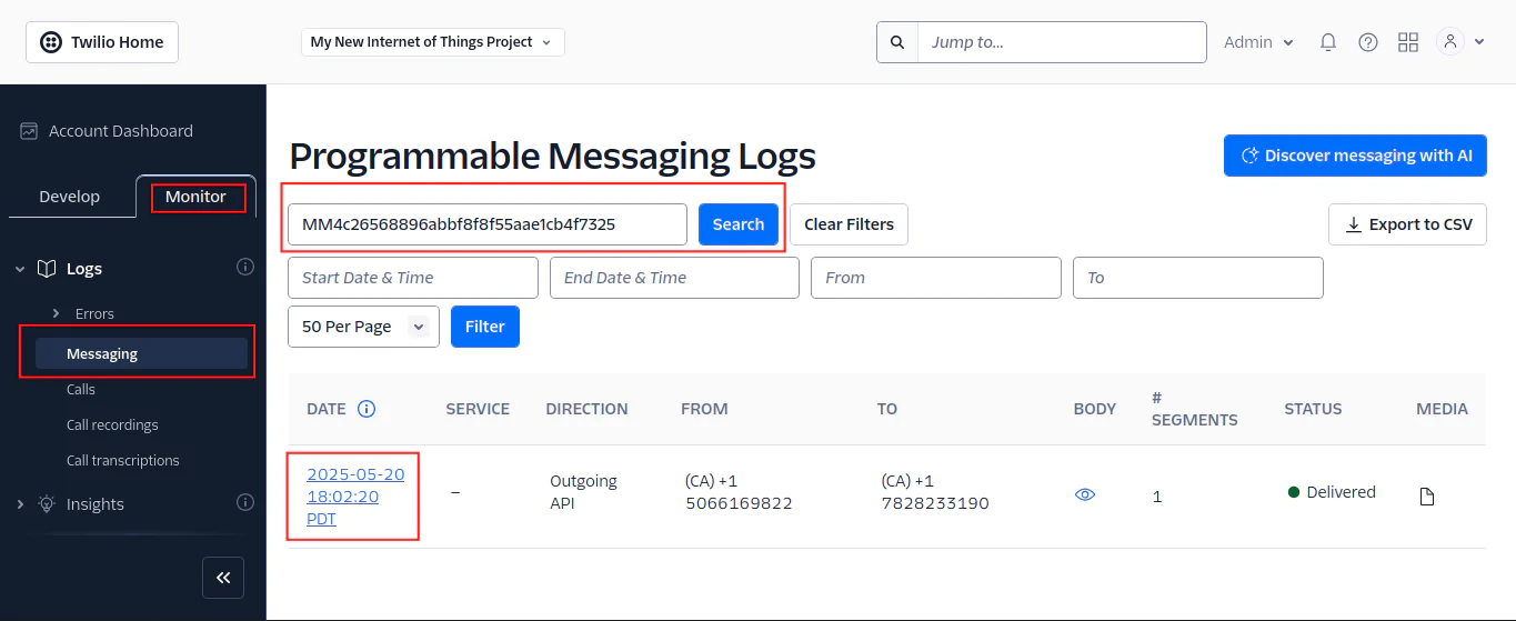 A screenshot of Twilio's web dashboard showing messaging logs and a search bar for filtering logs. Retrieving the MMS sent