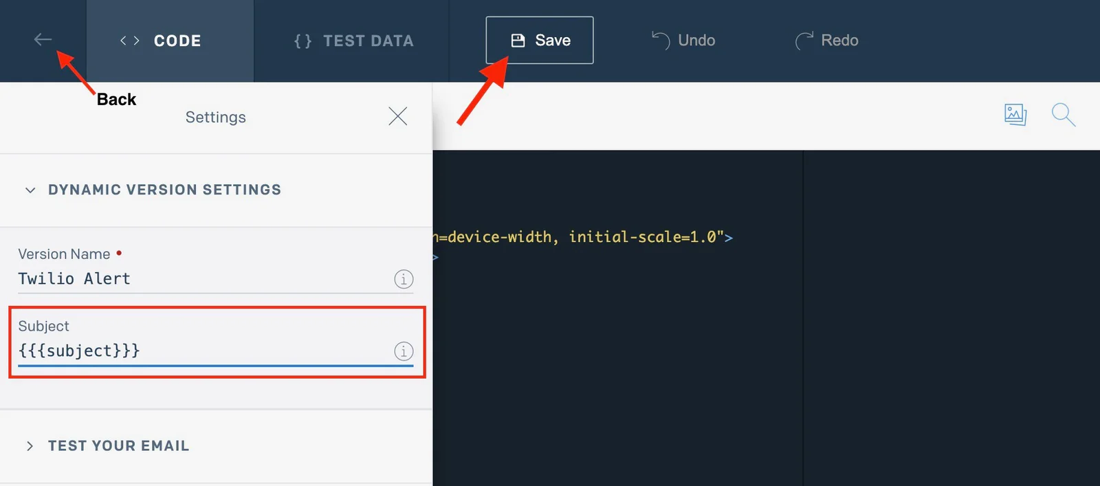 A screenshot illustrating the process of saving dynamic templates in SendGrid. The image is split into two sections, with a prominent top bar featuring various buttons including a back button (depicted by a left arrow) and a Save button, both highlighted by red arrows. On the left side, the 'dynamic version settings' interface is displayed, showcasing fields such as 'Version name' and 'Subject,' with the latter highlighted in a red rectangular box. A screenshot illustrating the process of saving dynamic templates in SendGrid. The image is split into two sections, with a prominent top bar featuring various buttons including a back button (depicted by a left arrow) and a Save button, both highlighted by red arrows. On the left side, the 'dynamic version settings' interface is displayed, showcasing fields such as 'Version name' and 'Subject,' with the latter highlighted in a red rectangular box.