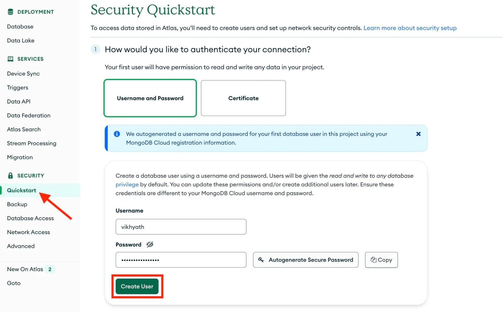 Image displaying the 'Security Quickstart' interface in MongoDB. The image is divided into two sections: a left sidebar and a configuration section. Within the configuration section, the option for 'username and password' authentication is selected. Additionally, there are fields for entering a username and password.  A 'Create User' button is highlighted within a red rectangular box.