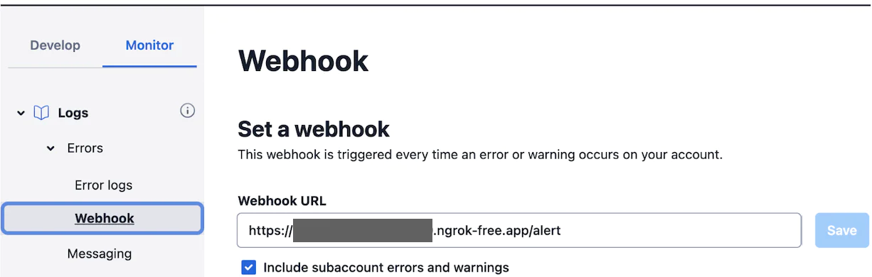 Image depicting the debugger webhook configuration section in the Twilio console. The layout is divided into two parts: a left sidebar with various options and the right side for making configurations. It features a 'Webhook URL' field for providing the debugger webhook URL. The checkbox option labeled 'Include subaccount errors and warnings' is selected.
