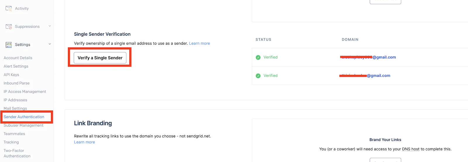 Screenshot illustrating the process of verifying a single sender. The 'Sender Authentication' link in the left sidebar is highlighted with a red rectangular box, while the 'Verify a Single Sender' button on the right side of the sidebar is also highlighted in a red rectangular box. Screenshot illustrating the process of verifying a single sender. The 'Sender Authentication' link in the left sidebar is highlighted with a red rectangular box, while the 'Verify a Single Sender' button on the right side of the sidebar is also highlighted in a red rectangular box.