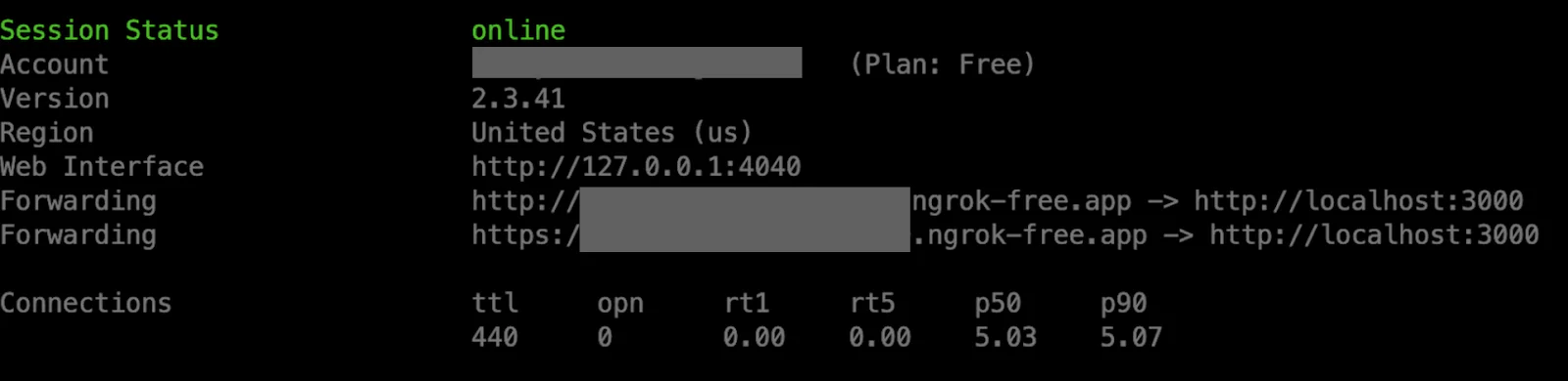 Terminal output displaying the result of the command 'ngrok http 3000'. The output includes the ngrok public URL, which can be utilized to set the debugger webhook URL. Terminal output displaying the result of the command 'ngrok http 3000'. The output includes the ngrok public URL, which can be utilized to set the debugger webhook URL.