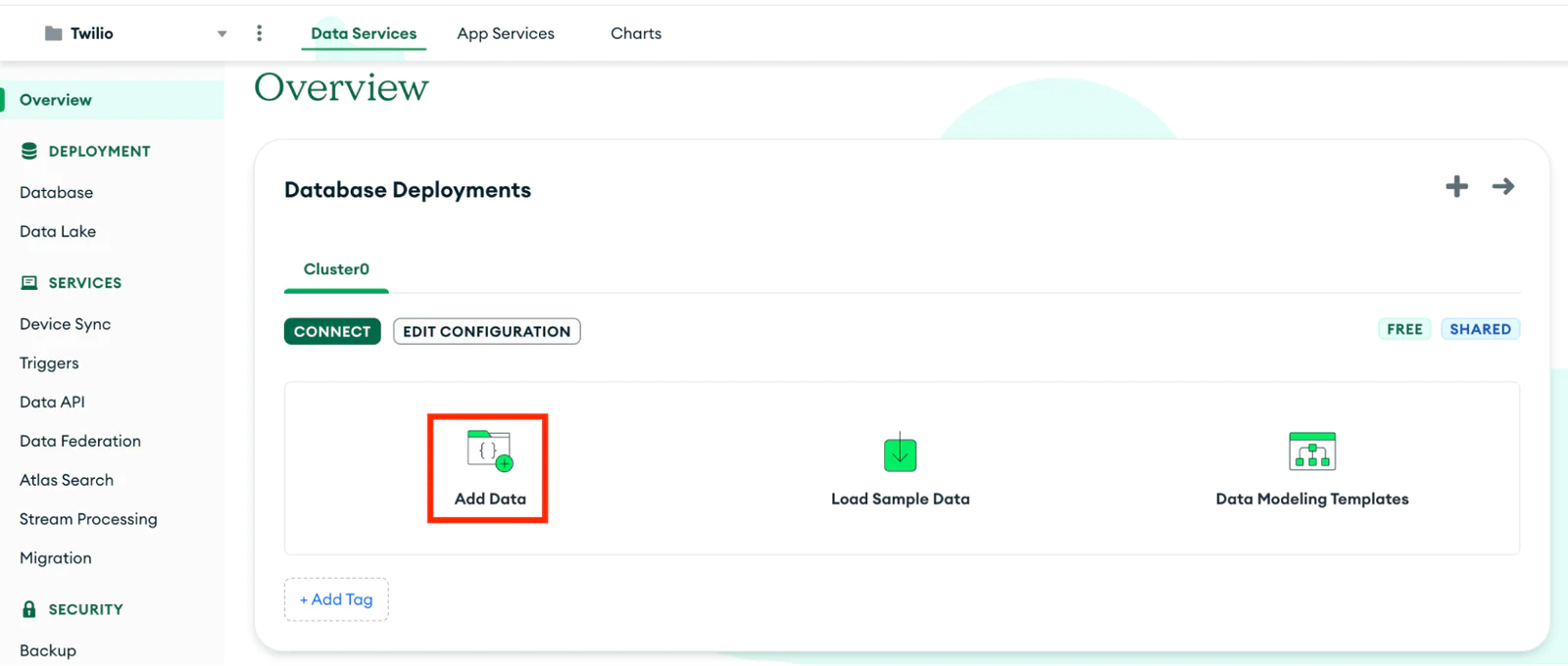 Image displaying the database deployment section in MongoDB. Various options such as 'Add Data', 'Load Sample Data', and 'Data Modelling Templates' are visible. The 'Add Data' option is highlighted within a red rectangular box. Image displaying the database deployment section in MongoDB. Various options such as 'Add Data', 'Load Sample Data', and 'Data Modelling Templates' are visible. The 'Add Data' option is highlighted within a red rectangular box.