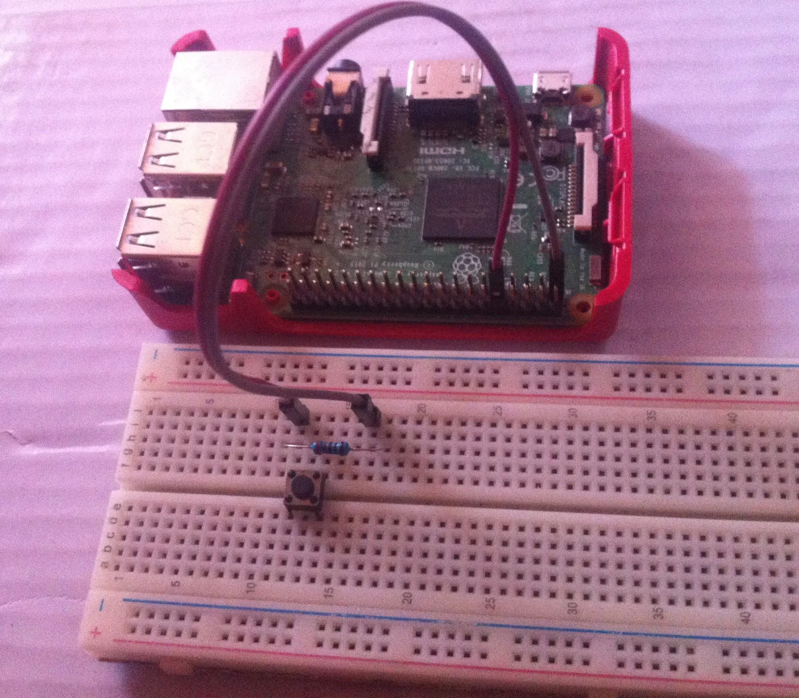 assembled hardware: raspberry pi + push button on a breadbord