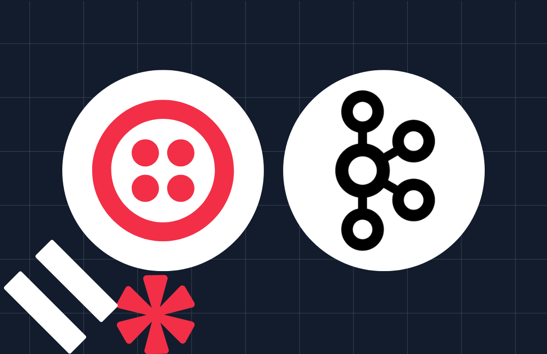 Two icons, one red with four dots and the other black with five connected circles, on a dark grid background with additional shapes.