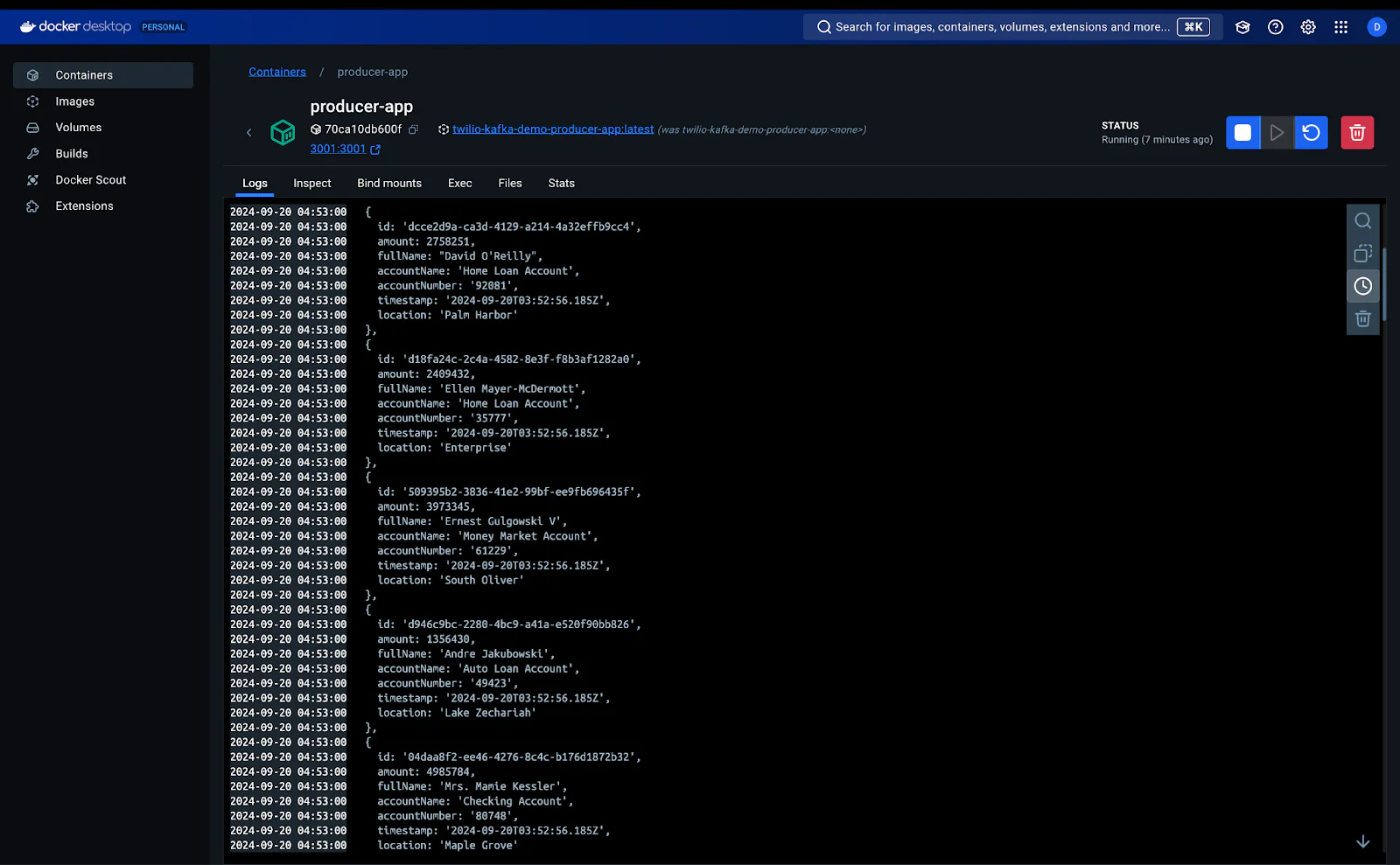Docker Desktop interface showing logs for a container named producer-app with multiple JSON-formatted entries. Docker desktop log for producer-app service
