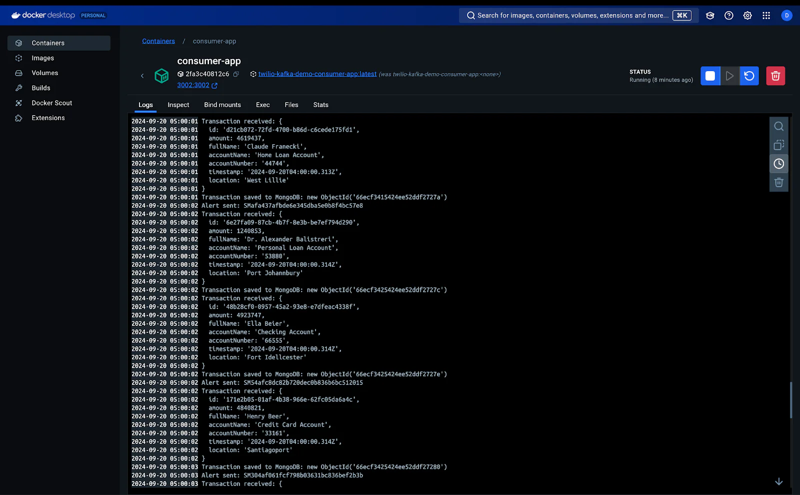 Docker desktop log for consumer-app service