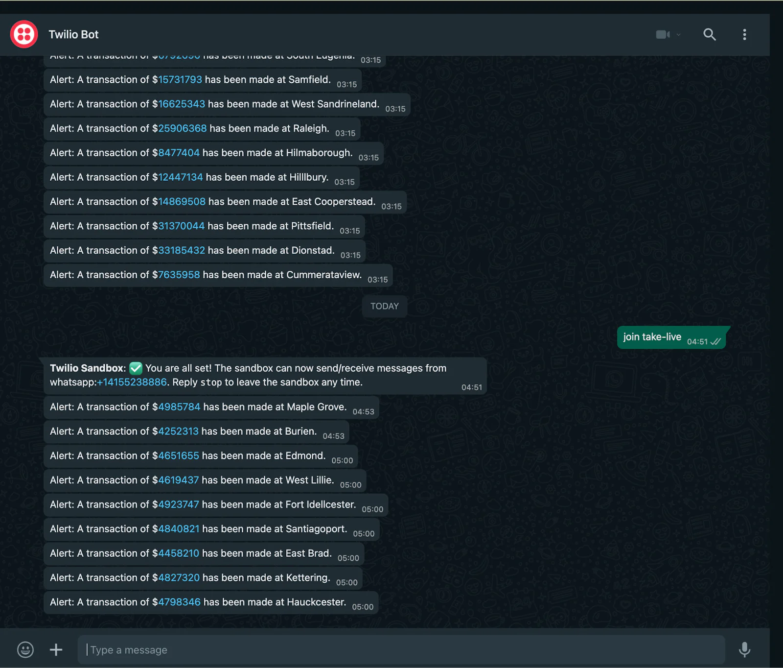 Screenshot of WhatsApp chat with message alerts about transactions and sandbox notifications. Twilio WhatsApp alerts for transactions above threshold