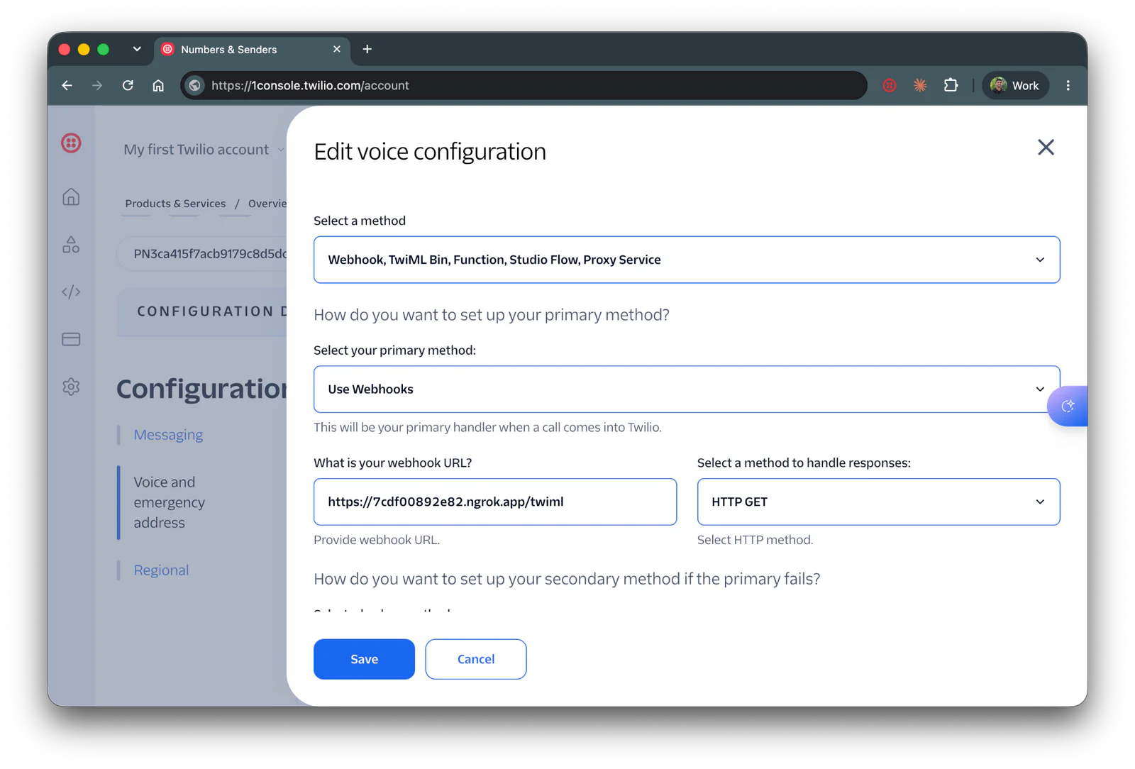 Screenshot of Twilio configuration screen for editing voice settings with webhooks selected as the primary method.