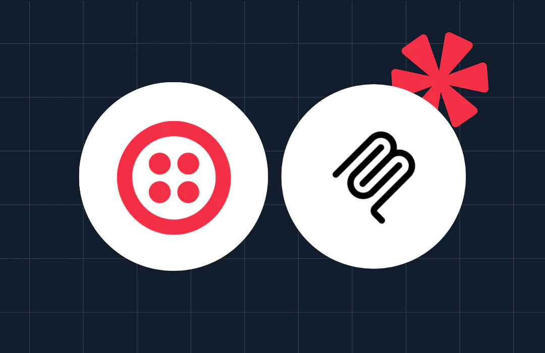 Twilio and Mux logos on a grid background with a red asterisk-like graphic in the corner