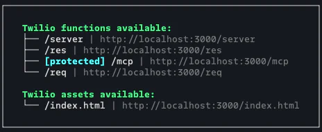 Twilio Functions and Assets Available Command-line interface displaying Twilio functions and assets with URLs.