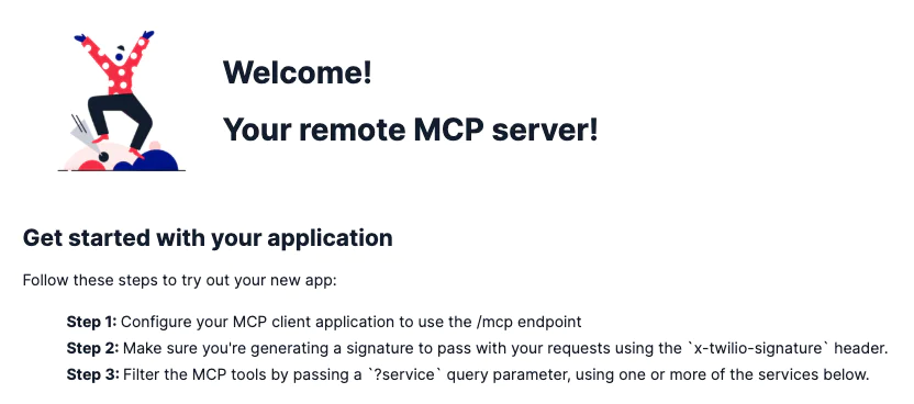 Illustration of users with welcome message and steps to set up remote MCP server application. Illustration of users with welcome message and steps to set up remote MCP server application.