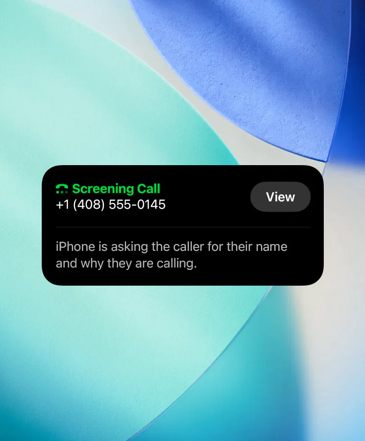 iPhone screen showing call screening notification for a call from +1 (408) 555-0145.