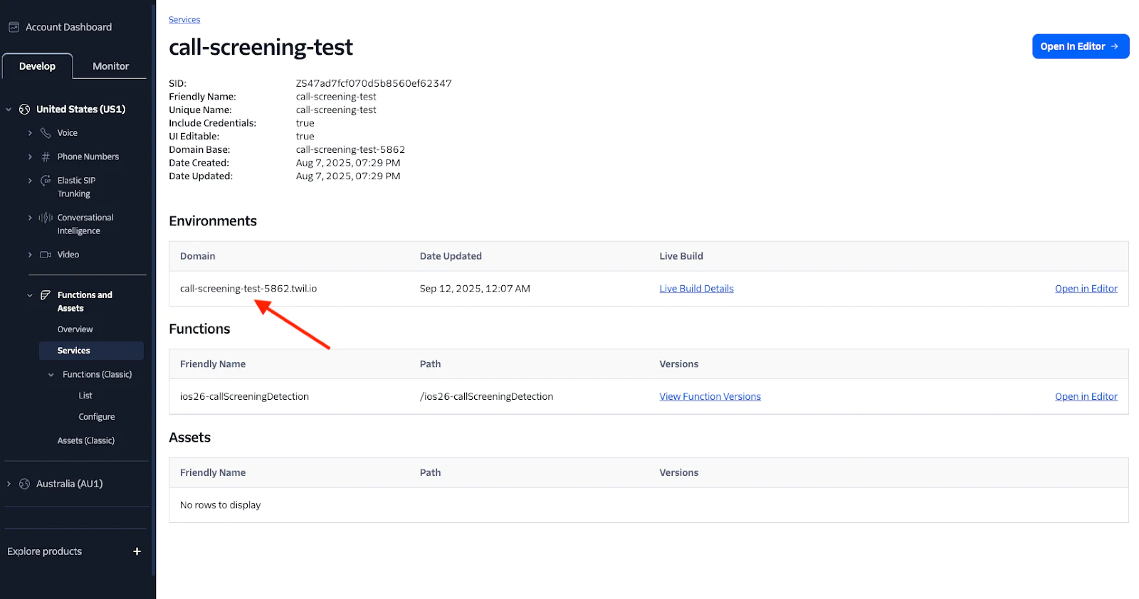 Screenshot of Twilio console showing call screening test environment settings and options.