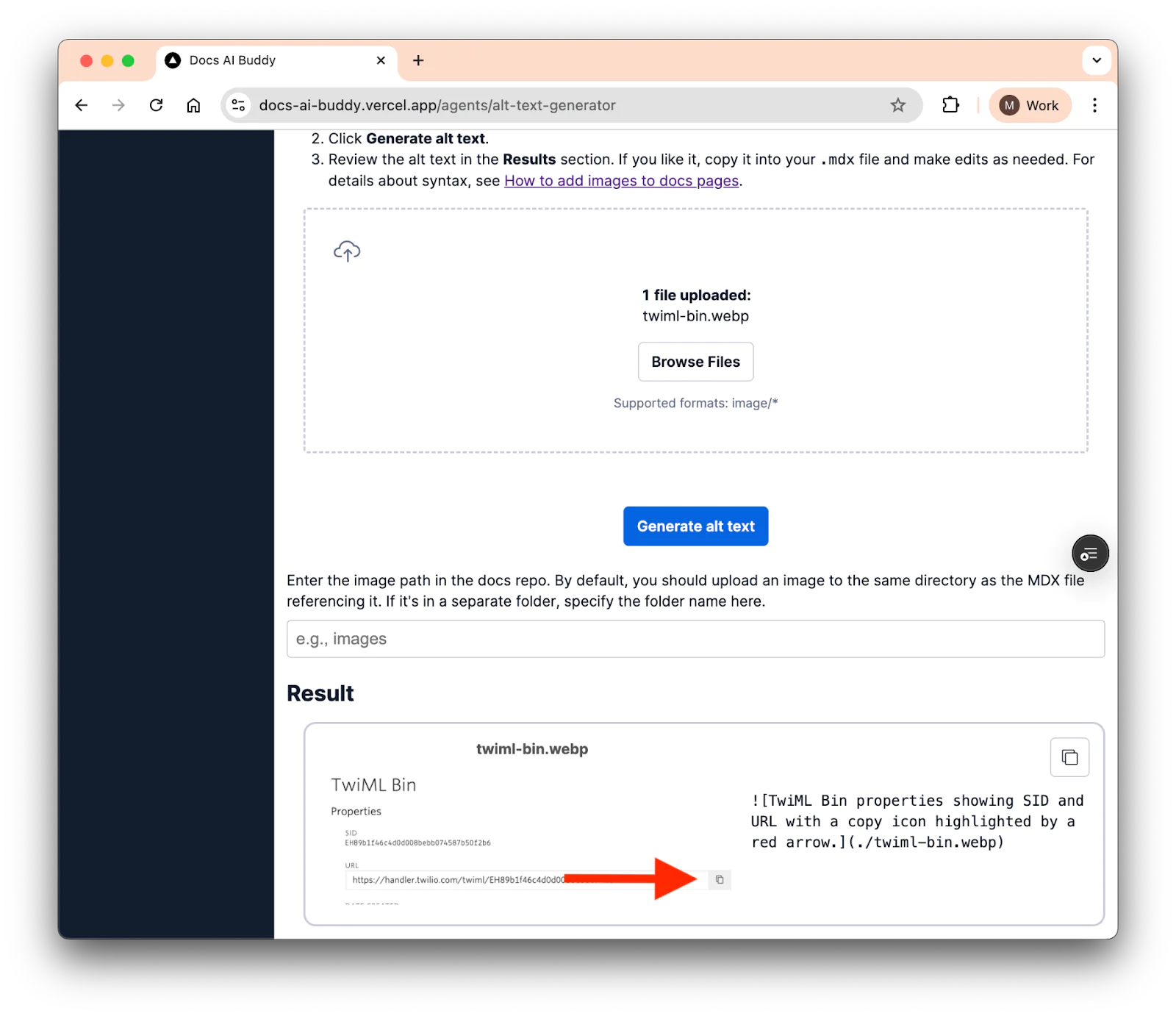 Screenshot of a Text Generator Tool Interface Interface of the Docs Accessibility automation tool showing generated alt text and a highlighted URL link.