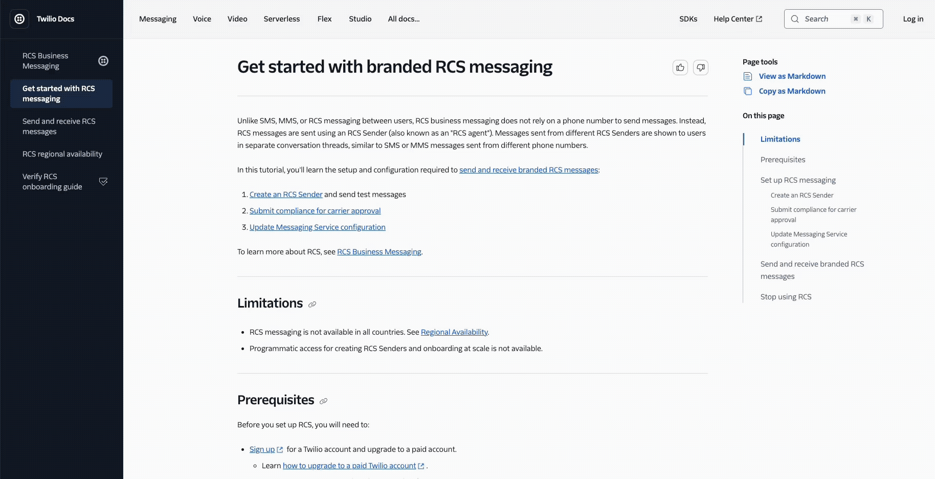 Twilio documentation page on getting started with branded RCS messaging, outlining steps, limitations, and prerequisites.
