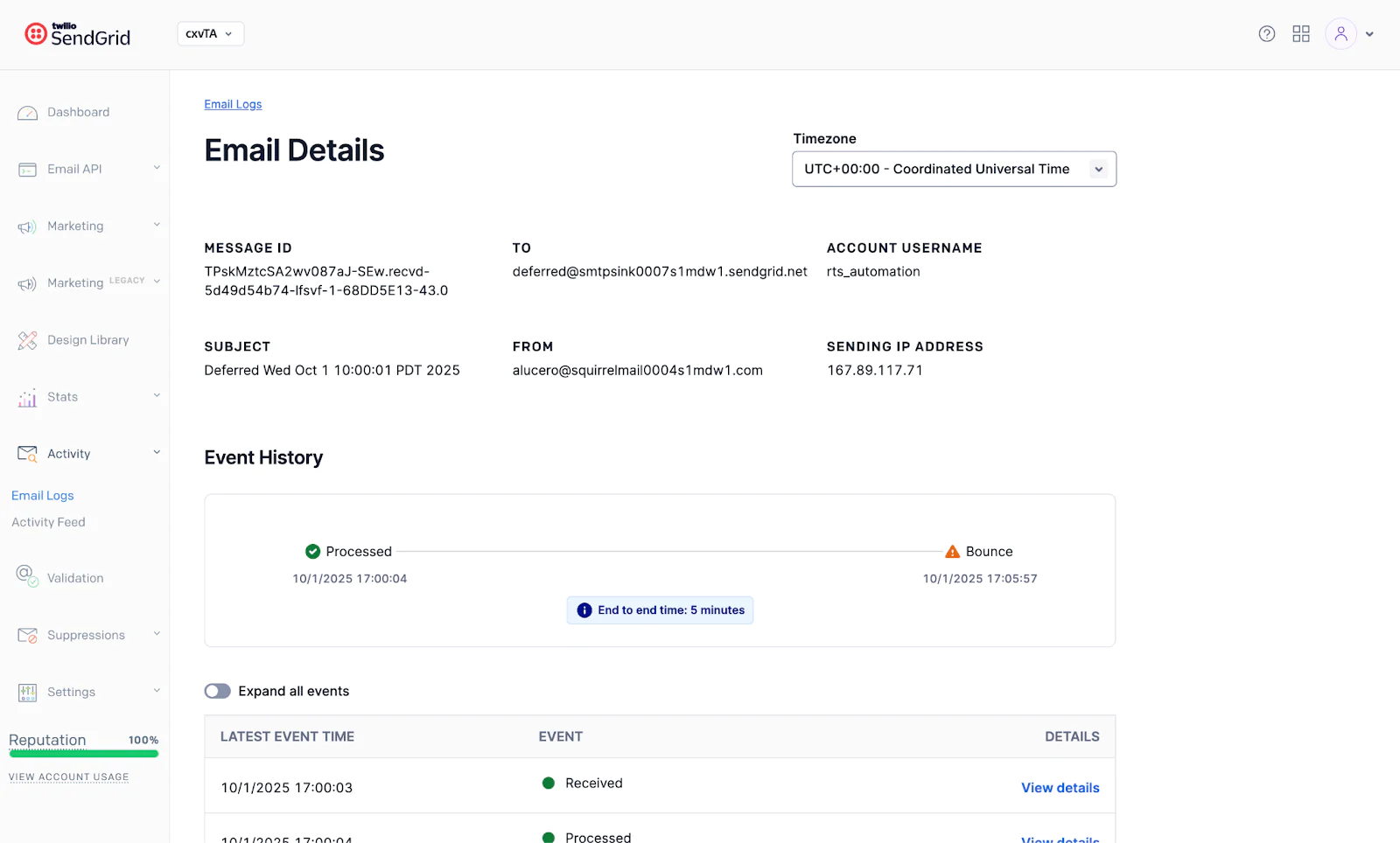 Screenshot of SendGrid email details page showing message ID, subject, and event history.