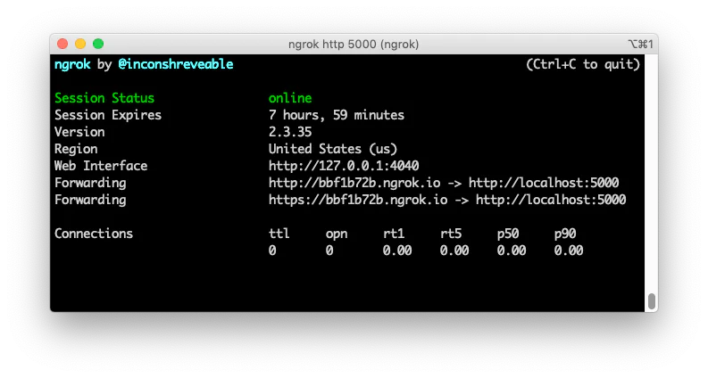 A terminal window displaying an ngrok tunnel running A terminal window displaying an ngrok tunnel running