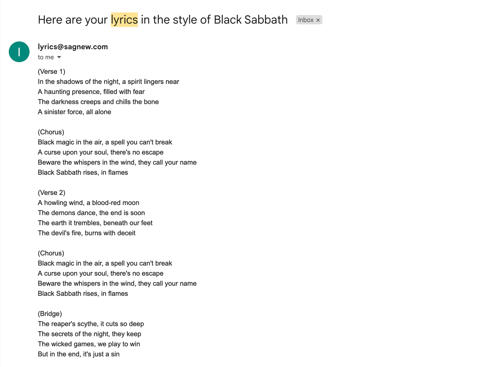 An email containing computer-generated lyrics in the style of Black Sabbath An email containing computer-generated lyrics in the style of Black Sabbath