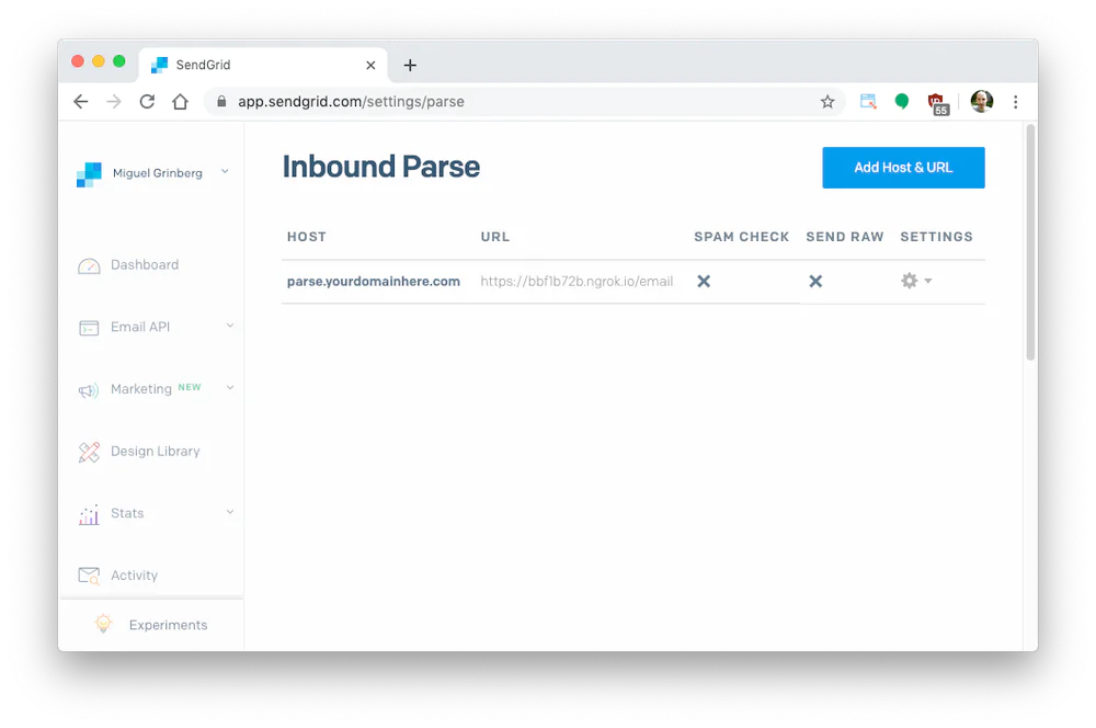 A screenshot displaying what the Inbound Parse configuration page should look like afterwards. A screenshot displaying what the Inbound Parse configuration page should look like afterwards.