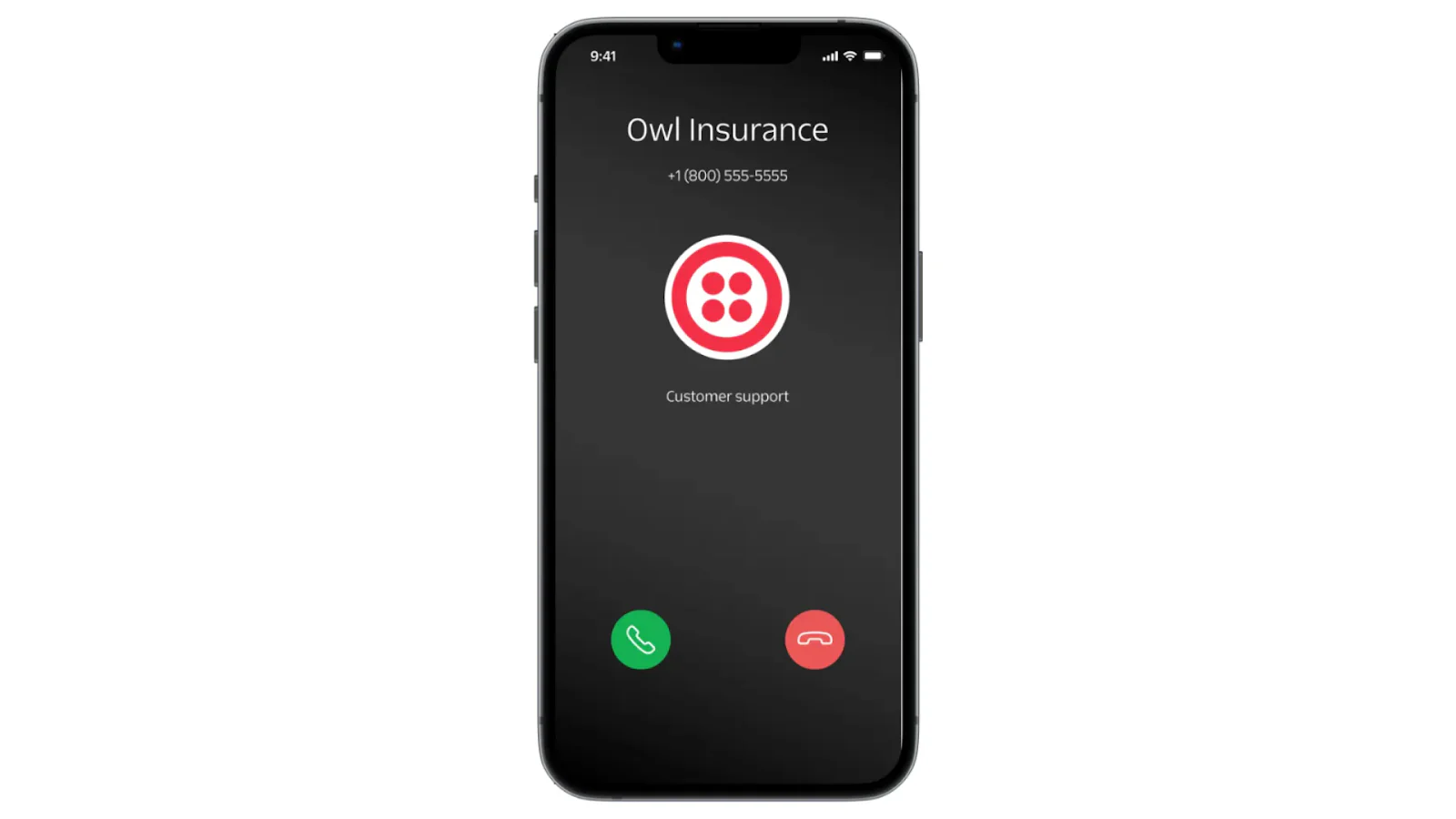 Mobile phone screen showing an incoming call from Owl Insurance customer support.