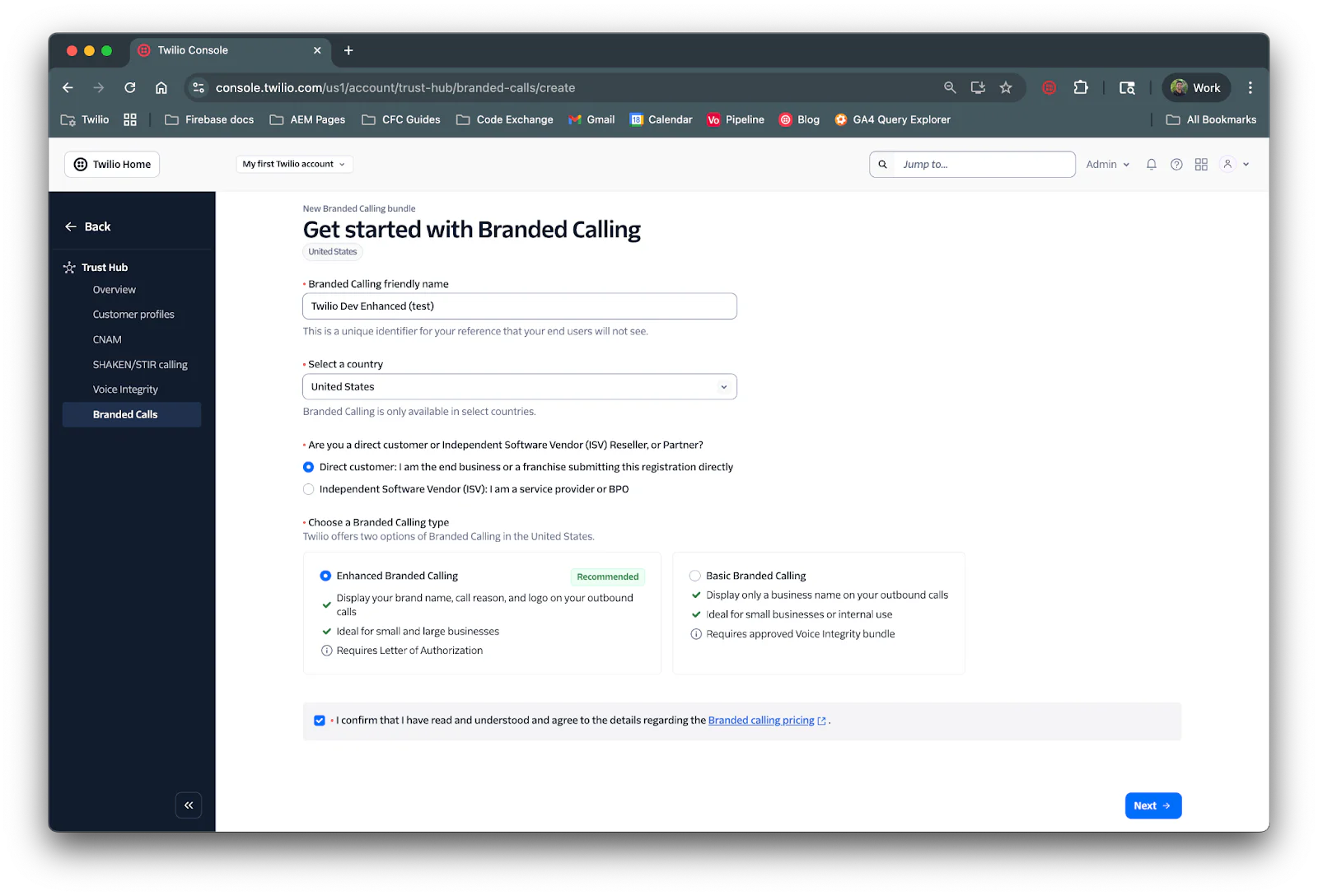 Webpage for setting up Branded Calling options in Twilio Console with form fields and selection options.