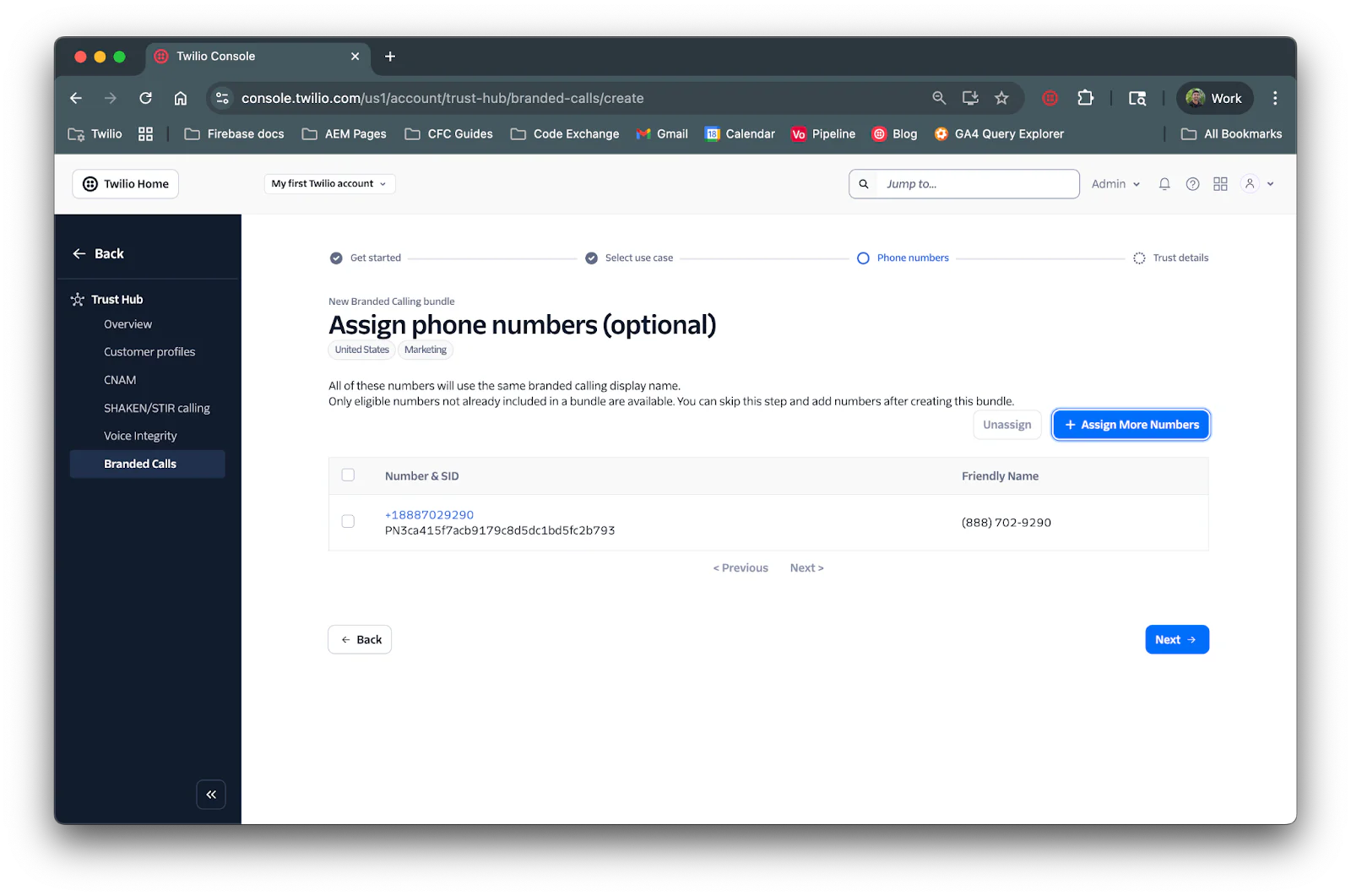 Twilio console page for assigning new branded calling phone numbers, showing a list with one number and options to add more.