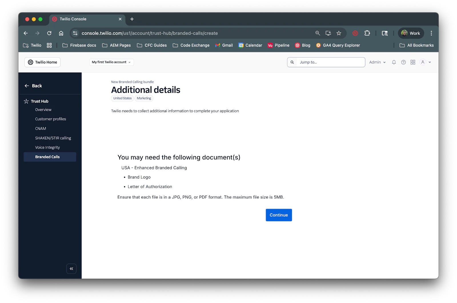Screenshot of Twilio Console page requesting additional documents for branded calls.