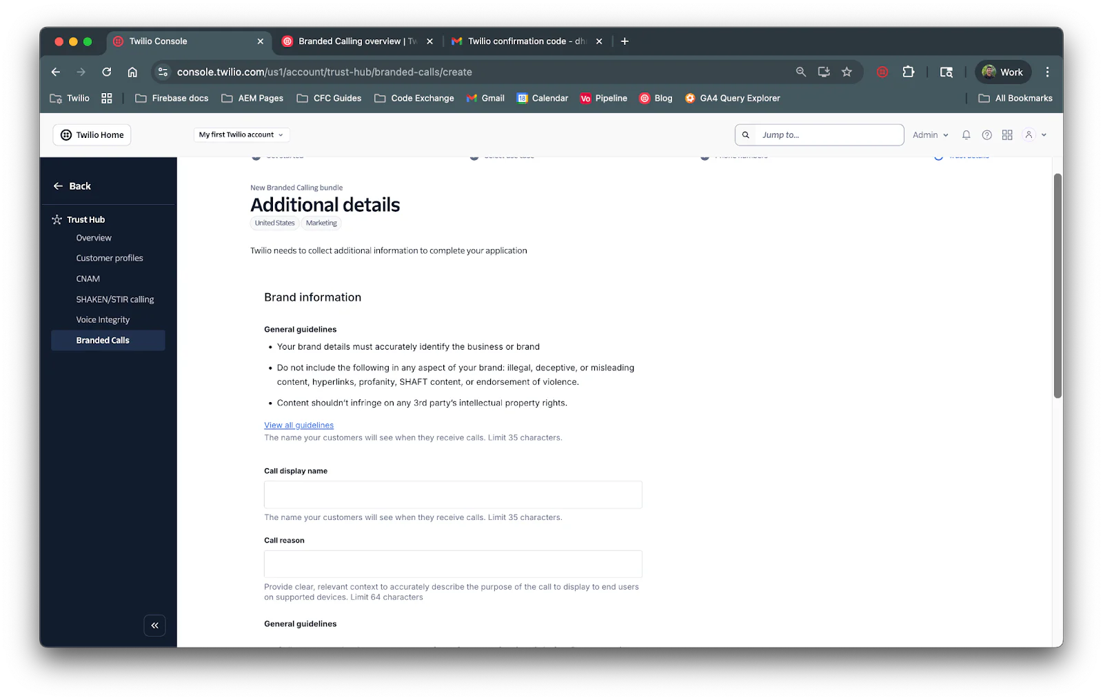 Twilio console screen displaying the Additional Details section for brand information entry.