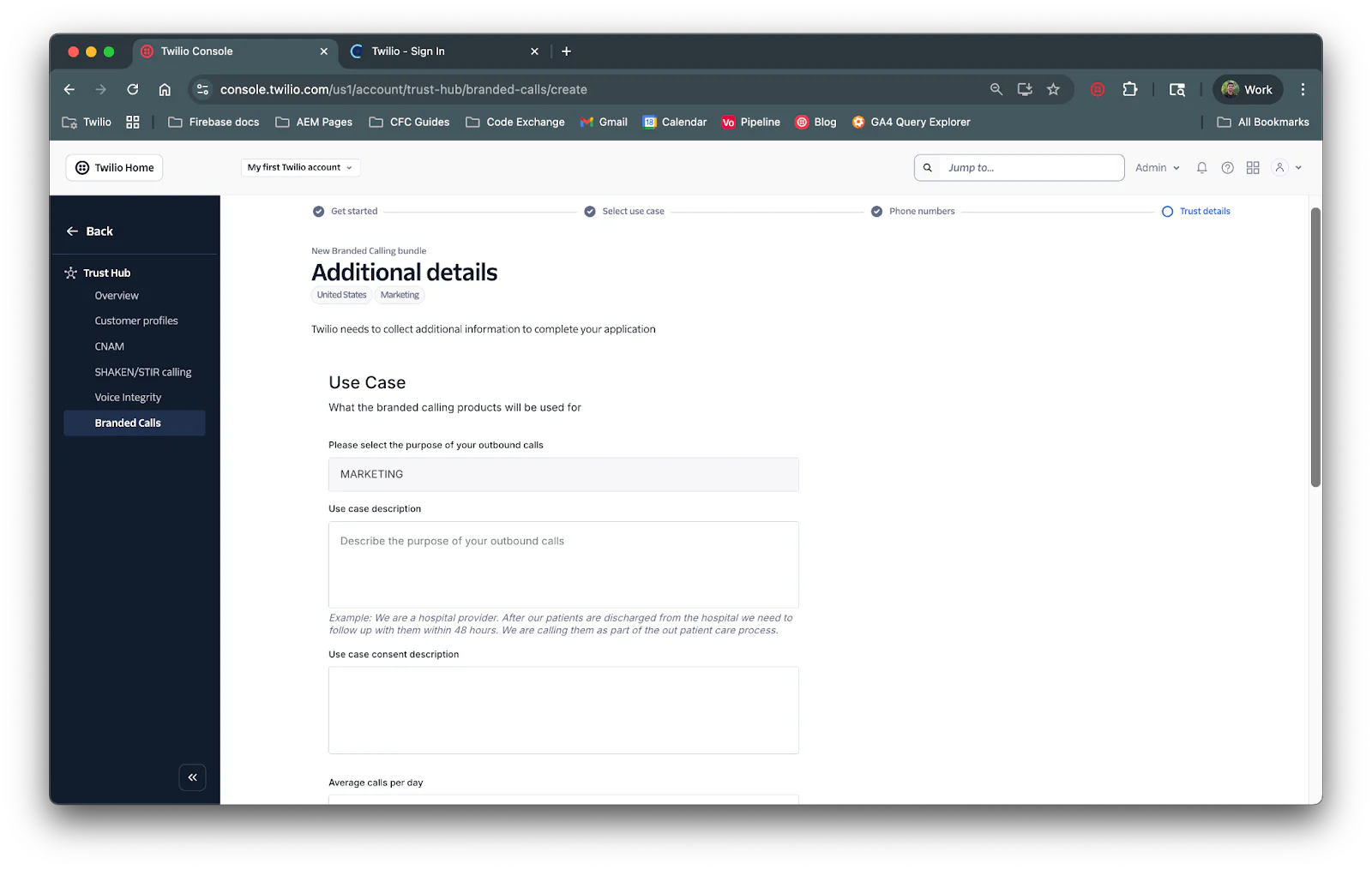 Webpage showing Twilio console with a form to collect additional details for application use, including purpose and description.