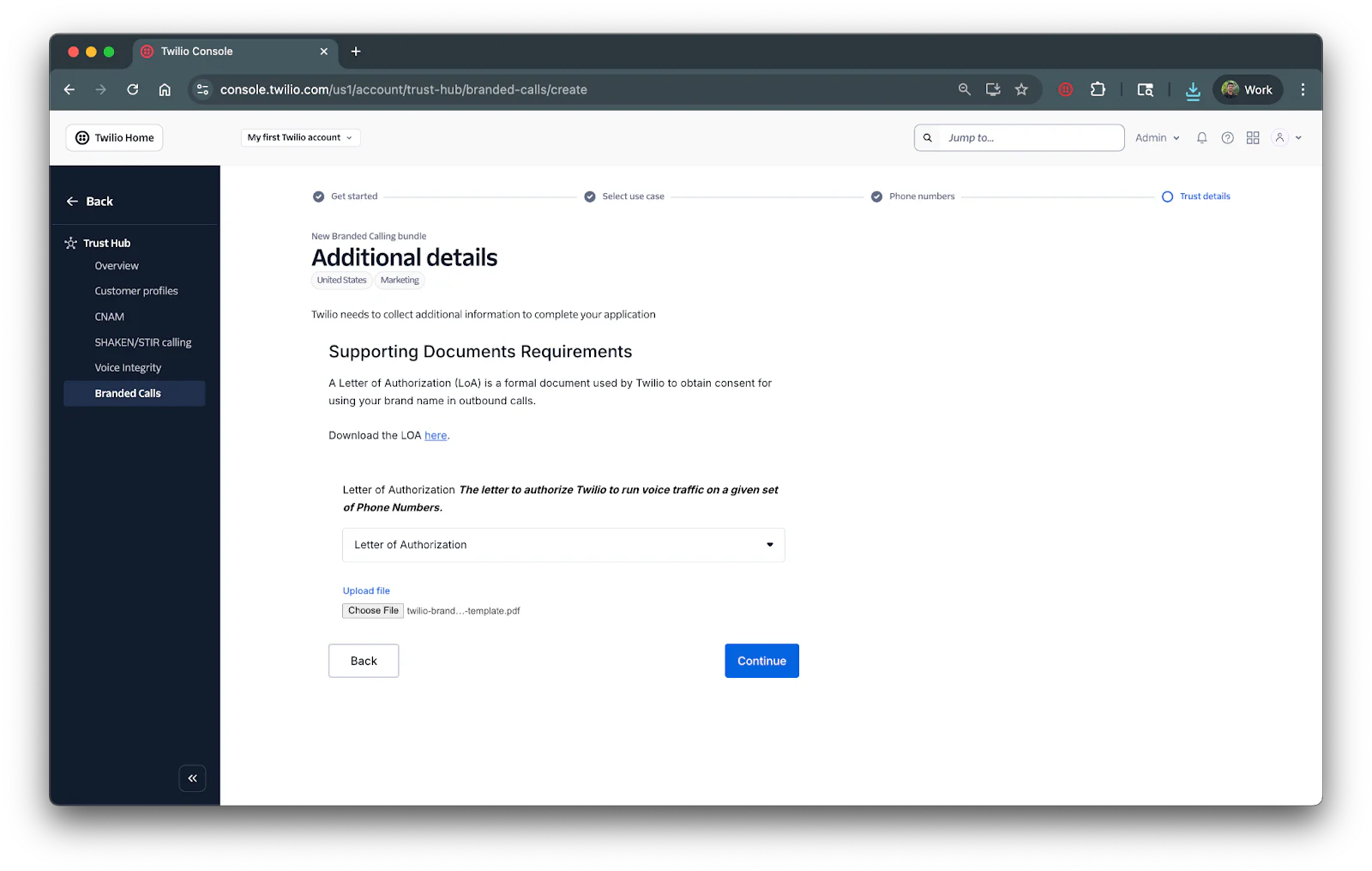 Trello console requiring letter of authorization for a hub-branded trello application with upload option.