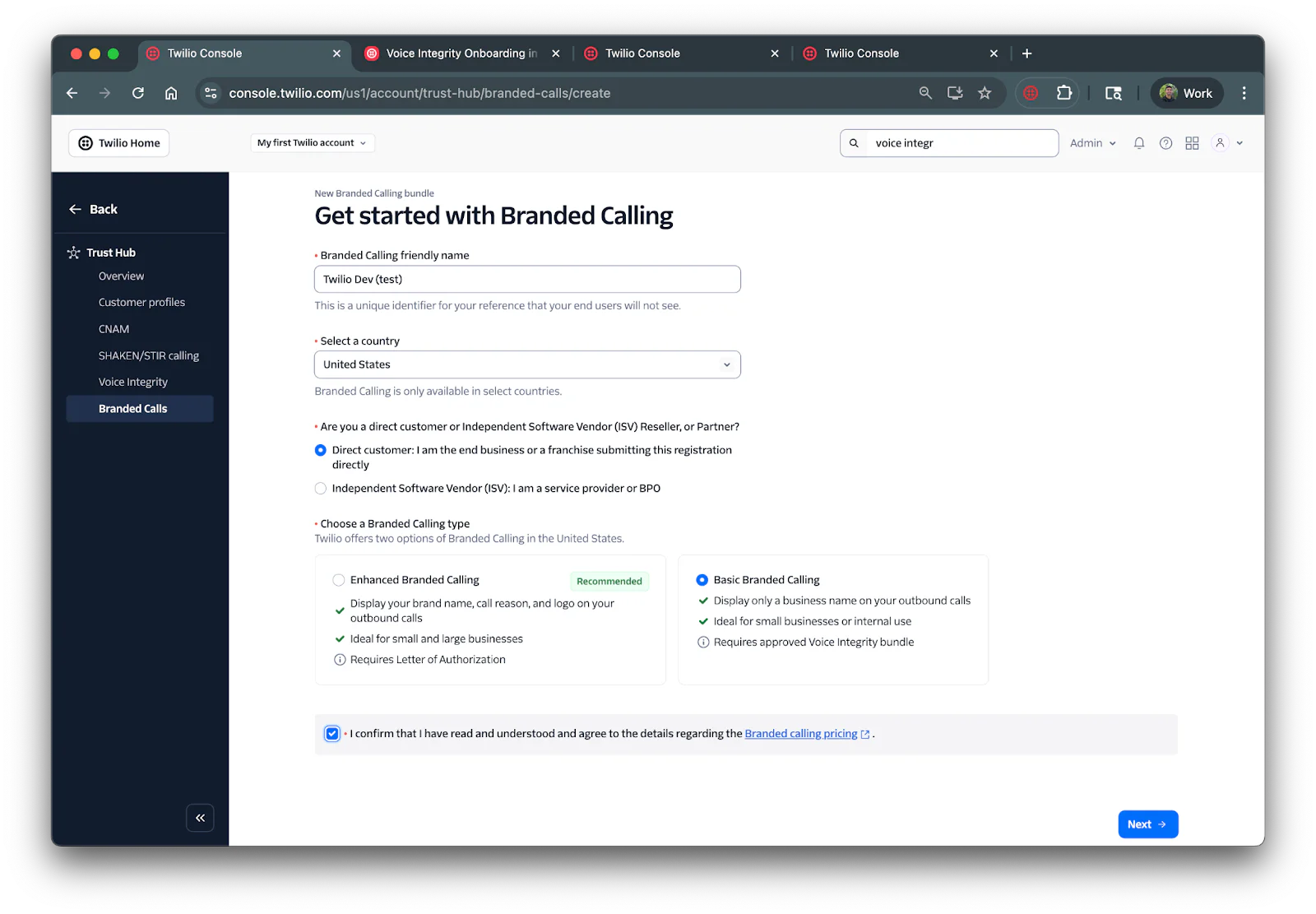 Screenshot of the Twilio Console Branded Calling setup page with input fields and options for branded calling services.
