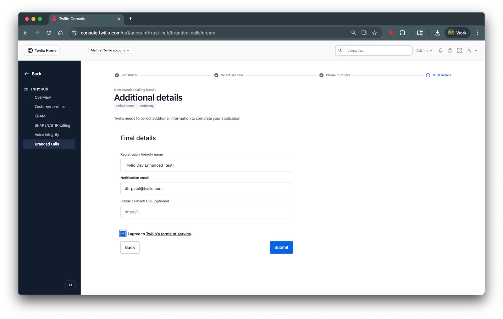 Twilio Console page showing Additional Details Form for Enhanced Calls with fields for name, email, and status.