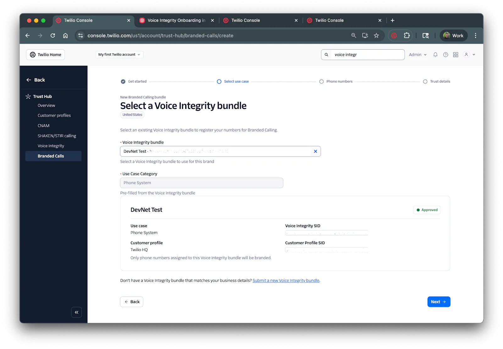 Twilio Console page showing options to select a Voice Integrity Bundle with a form for DevNet Test details.