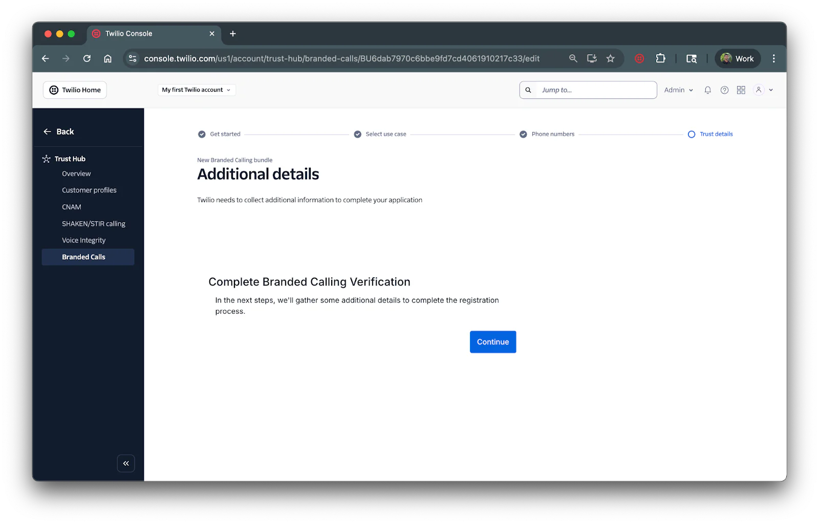 Twilio Console page for completing branded calling verification with a Continue button.