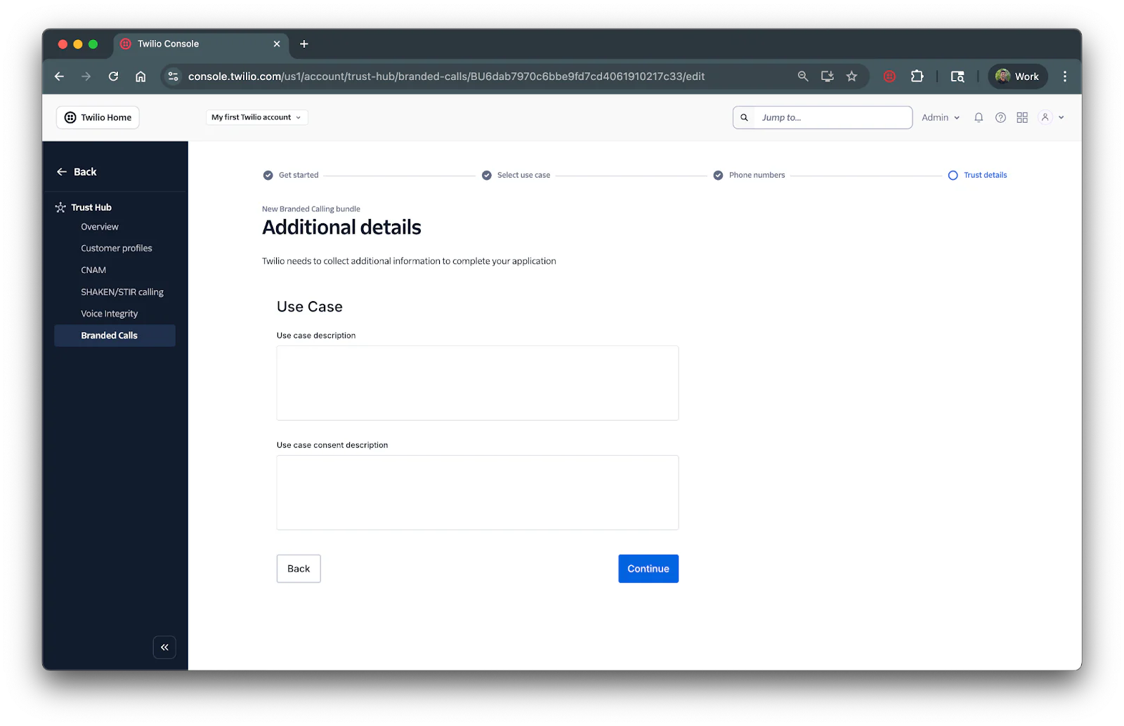 Twilio Console screen prompting for additional details for a branded calling use case application