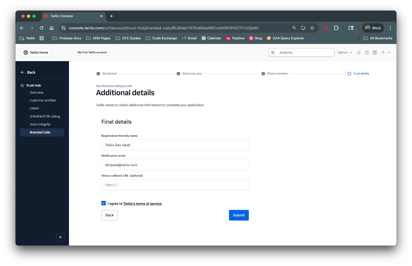 Twilio Console webpage showing a form to fill in additional details for branded calls setup.