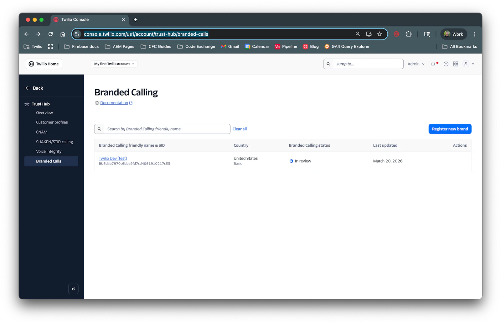 Screenshot of Twilio Console showing Branded Calling setup with a list of registered fraud profiles.