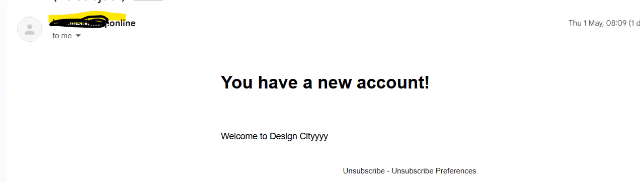 Email message announcing a new account creation with Design Cityyy. New account creation