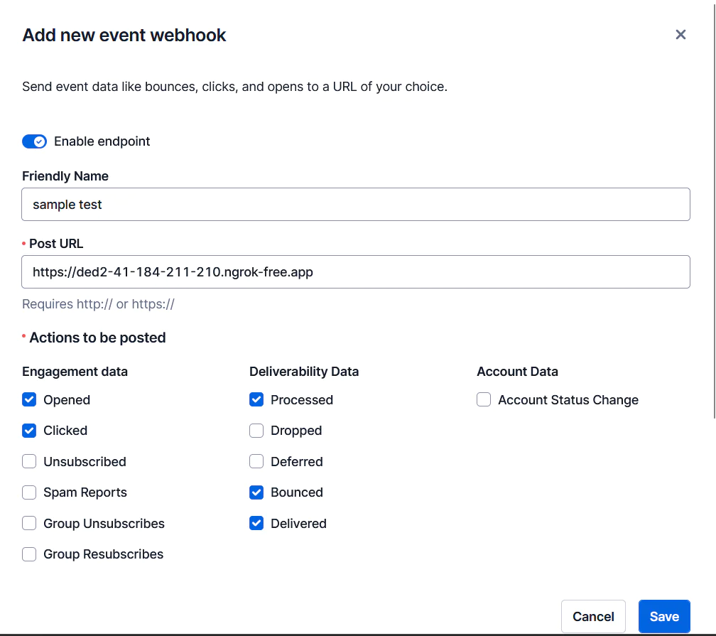 Screenshot of a form to add a new event webhook with multiple options for event notifications. Creating a new event webhook