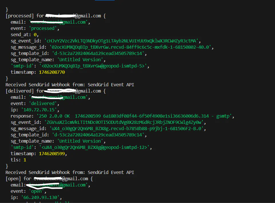 Screenshot of JSON logs showing SendGrid webhook events with email addresses partially redacted. Webhook Response Example